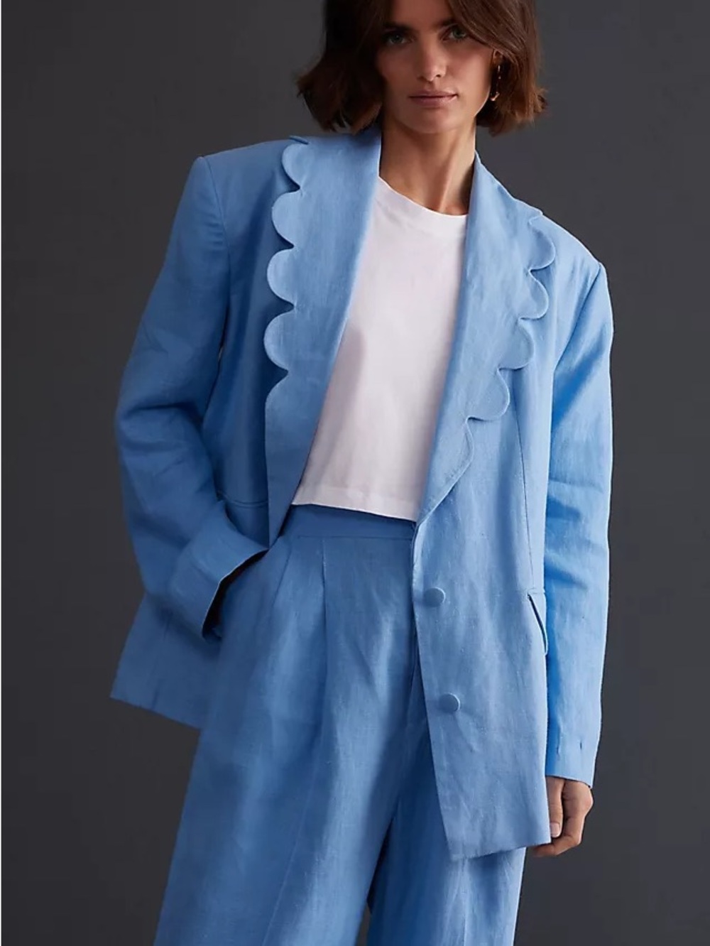 Sleeper Sky Blue Scalloped Linen Blazer
